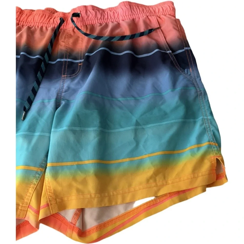 George Men's XL Swim Trunks Coral Blue Tropical Stripe Lined Board Shorts 40-42